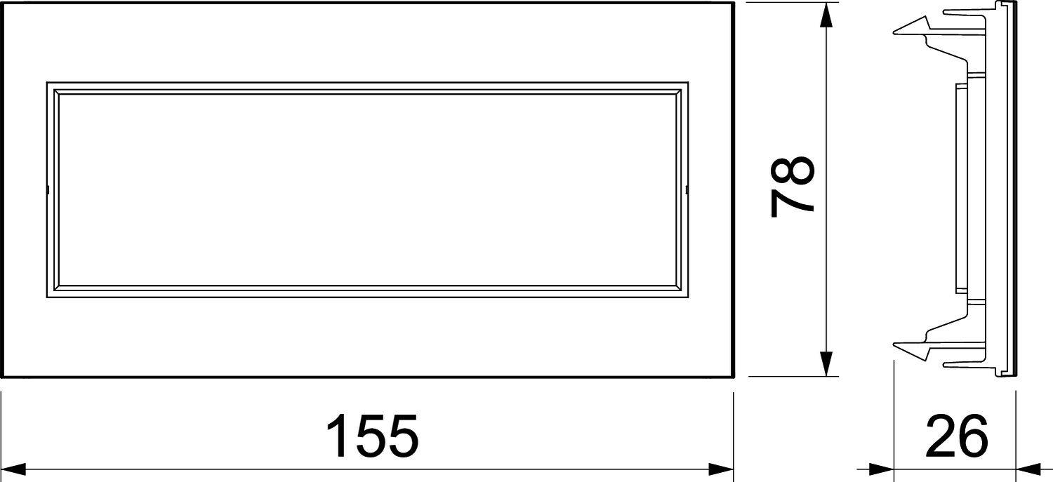 Technische Zeichnung eines rechteckigen Bauteils mit Abmessungen: 155 mm Länge, 78 mm Höhe, 26 mm Tiefe. Seiten- und Draufsicht gezeigt.