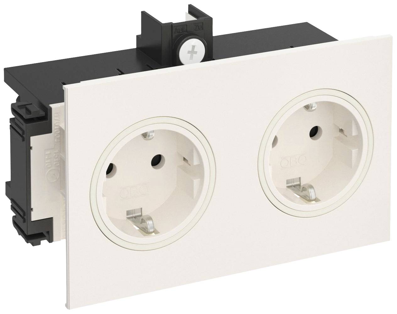 Doppelsteckdose in einer weißen Platte, geeignet für EU-Stecker. Hergestellt aus Kunststoff, mit zwei runden Buchsen.
