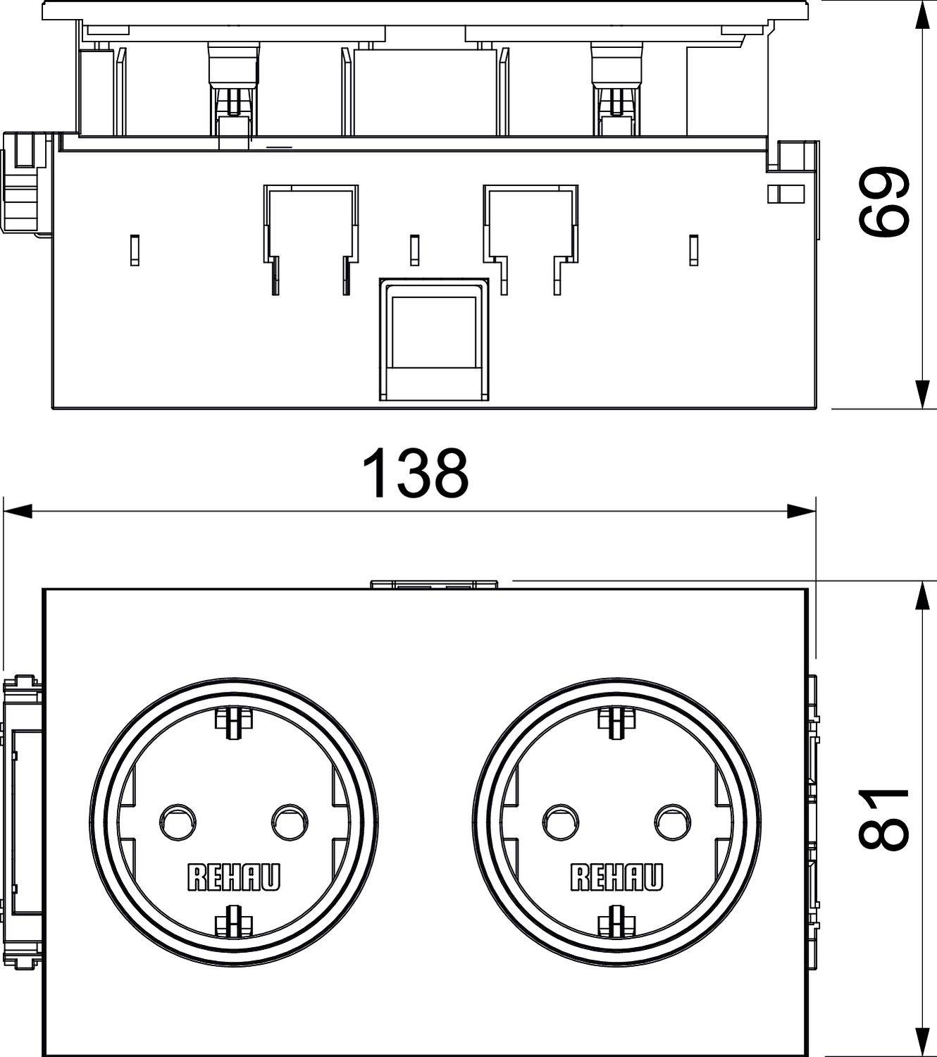 Abbildung zeigt technische Zeichnung einer Doppelsteckdose mit Maßen: Breite 138 mm, Höhe 81 mm. Seitenansichtshöhe 69 mm.