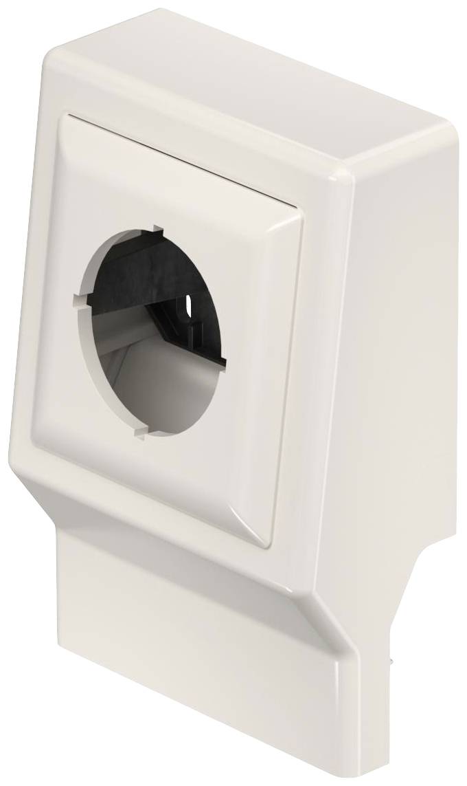 Weißes Kunststoffgehäuse mit rundem Ausschnitt, vermutlich für den Einbau elektrischer Komponenten.