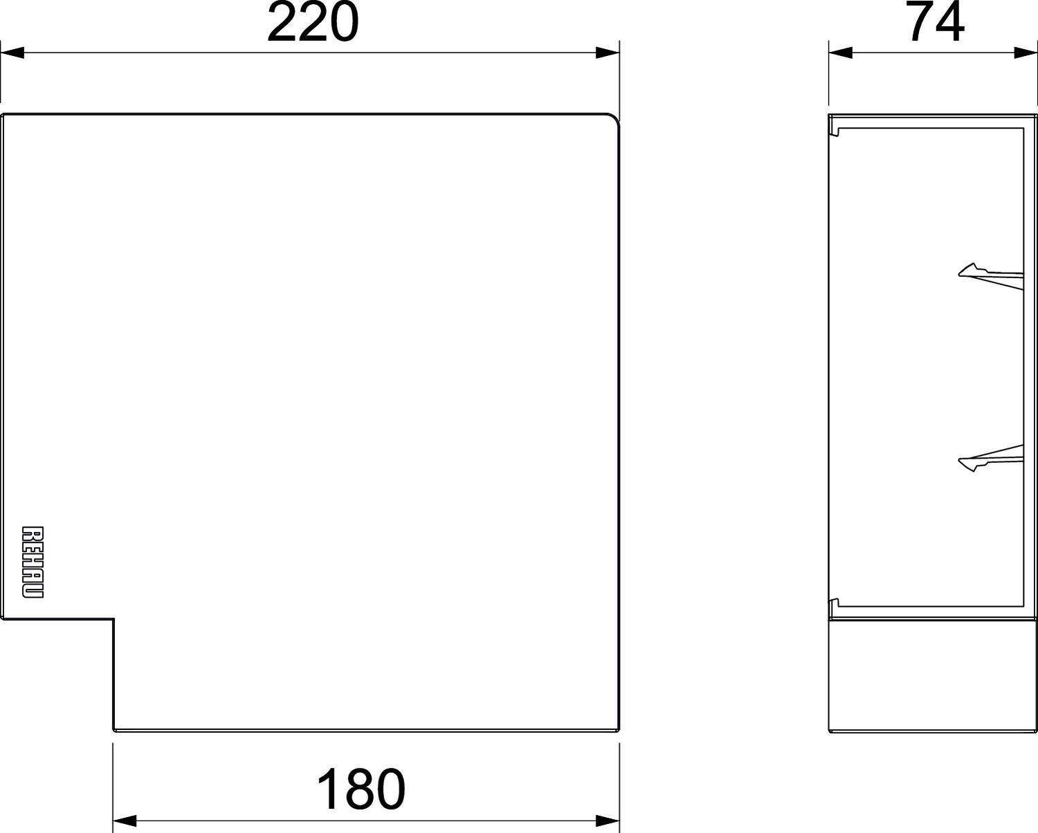 Technische Zeichnung eines rechteckigen Objekts mit den Maßen 220 x 74 x 180 mm. Details und Anschlüsse sind auf der rechten Seite sichtbar.