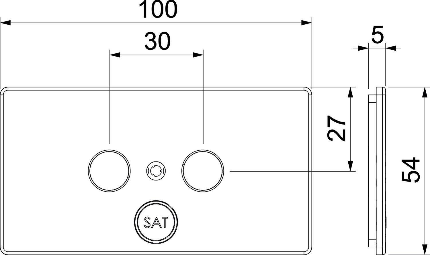 Technische Zeichnung einer rechteckigen SAT-Dose mit den Maßen: 100 mm Breite, 54 mm Höhe, 5 mm Tiefe. Zentrierte Anschlüsse.