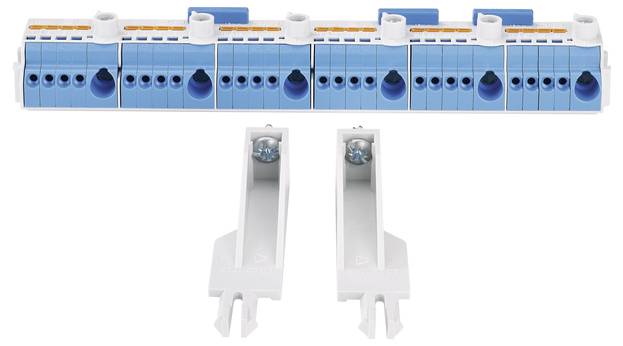 Ein elektrischer Verteilerblock mit blauen und weißen Abschnitten, darunter zwei Halterungen. Geeignet für Schaltschränke.