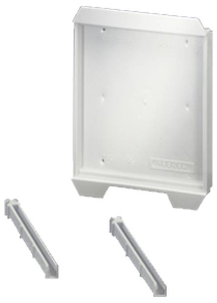 Ein rechteckiger, weißer Kunststoffrahmen mit zwei seitlichen Schienen, die separat unten liegen. Vernwendet zur Befestigung oder Montage.