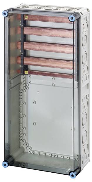 Transparenter Schaltschrank mit sichtbaren Kupferleitern und blauer Verschraubung an den Ecken, geeignet für die Energieverteilung.