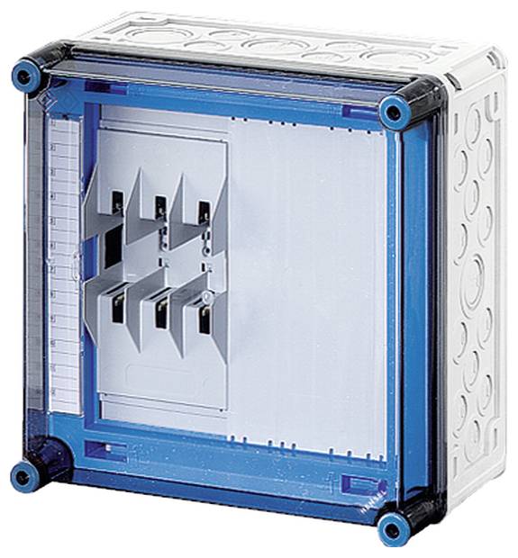 Ein transparenter Kasten mit blauen Kanten zeigt interne Befestigungshalterungen und ein Skalenraster auf der linken Seite.
