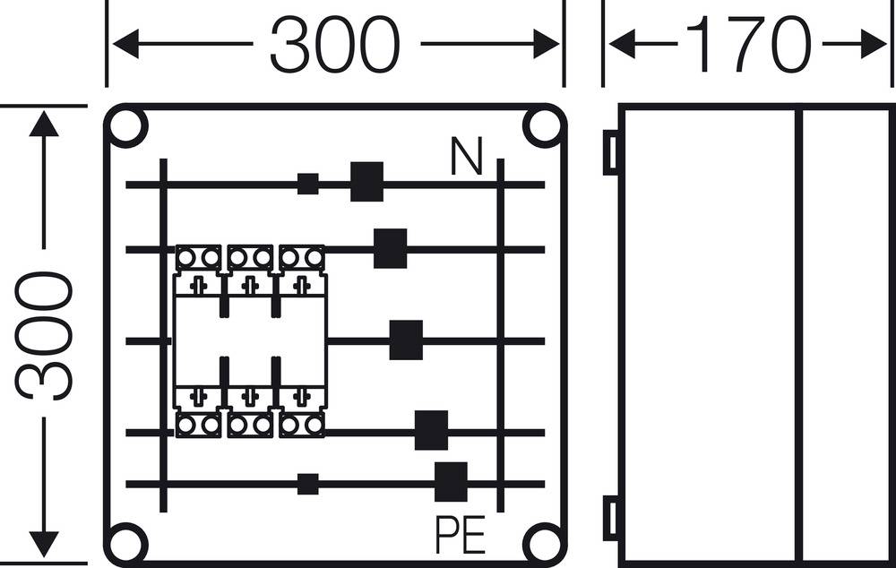 Technische Zeichnung eines elektrischen Schalters mit Maßen: 300x300 mm und 170 mm Tiefe, zeigt Anschlusspunkte N und PE.