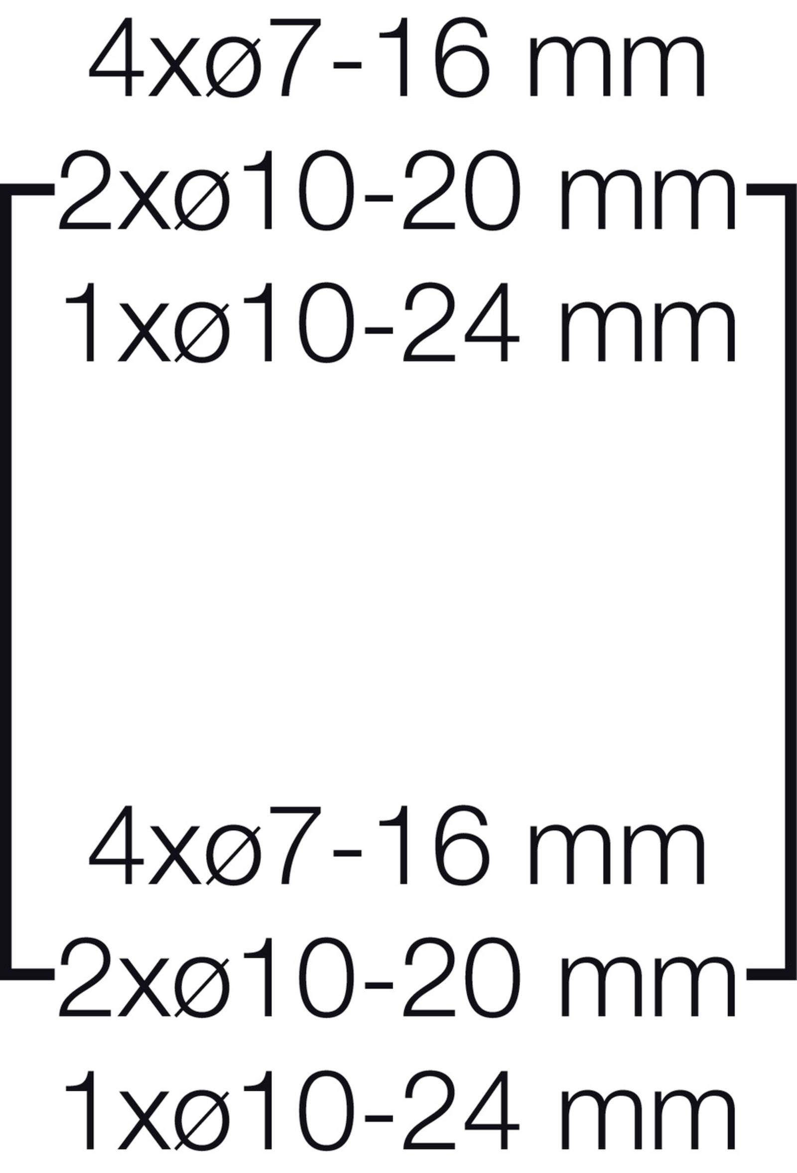 Technische Zeichnung mit Maßen: Oben '4×ø7-16 mm', '2×ø10-20 mm', '1×ø10-24 mm'; Unten ähnlich. Rechteckige Anordnung.