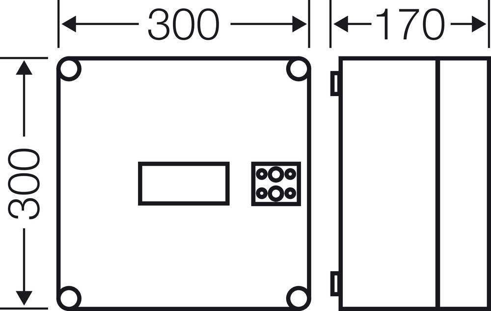 Technische Zeichnung eines rechteckigen Bauteils mit den Maßen 300x300x170 mm. Vorderansicht zeigt Anschlussdetails.