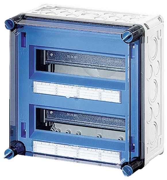 Kunststoff-Sicherungskasten mit blauer Tür und mehreren Einbauschächten, geeignet für elektrische Installationen in Gebäuden.