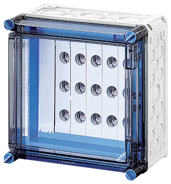 Blau-transparente elektrische Anschlussdose mit mehreren runden Öffnungen auf der Vorderseite, zur Wandmontage geeignet.