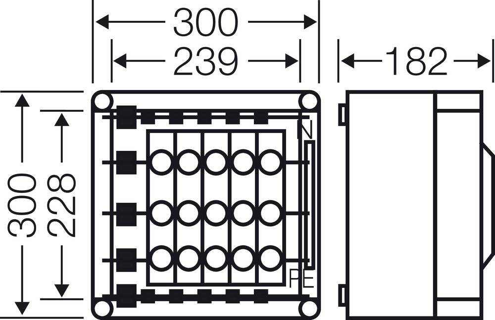 Technische Zeichnung eines rechteckigen Gehäuses mit Abmessungen: Höhe 300 mm, Breite 239 mm, Tiefe 182 mm. Innen Mechanik sichtbar.