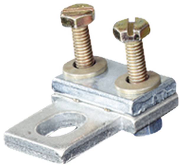 Metallische Kabelklemme mit zwei Schrauben, die für die Befestigung von Kabelverbindungen verwendet wird.