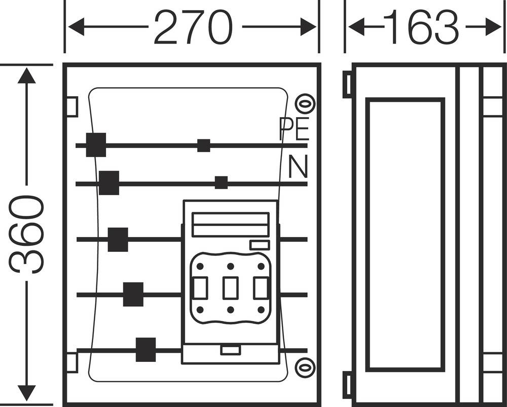Technische Zeichnung eines rechteckigen Elektroschaltkastens mit den Maßen 270 mm Breite, 163 mm Tiefe und 360 mm Höhe.