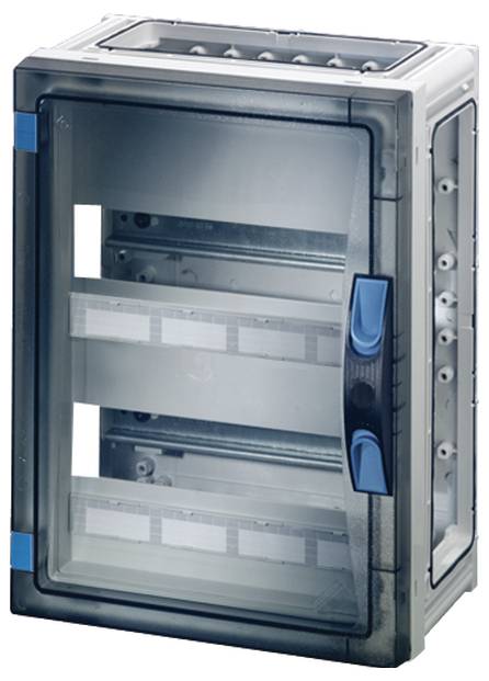 Grauer elektrischer Verteilerkasten mit transparentem Deckel und blauen Griffen. Enthält keine sichtbaren Installationen oder Beschriftungen.