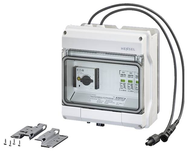 Ein weißes Gehäuse mit transparentem Deckel und Anzeige, seitlich angeschlossene Kabel. Zubehörteile und Schrauben liegen daneben.