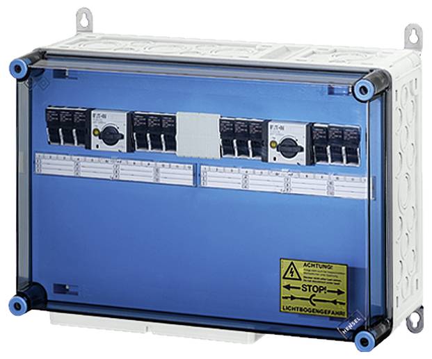 Ein blauer Schaltschrank mit mehreren Kippschaltern und einem Warnhinweis 'Achtung! Stopp! Lichtbogen-Gefahr' auf Deutsch.
