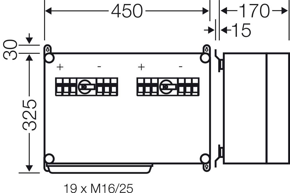 Technische Zeichnung eines rechteckigen Geräts mit den Maßen 450x325 mm. Anschlüsse sind gekennzeichnet mit '+' und '-'.