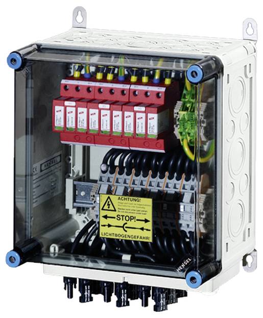 Ein transparenter Verteilerkasten mit mehreren Schaltern und einem gelben Warnhinweis: 'ACHTUNG! LICHTBOGENGEFAHR!'.