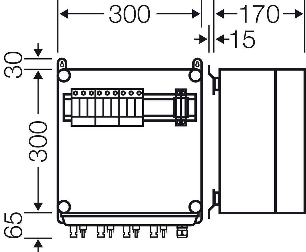 Abmessungsdiagramm zeigt die Oberseite eines elektrischen Geräts mit den Maßen: 300 mm x 300 mm. Anschlüsse und Beschriftungen sind sichtbar.