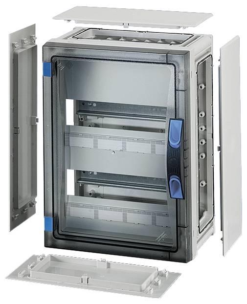 Elektrischer Schaltkasten mit transparentem Gehäuse, geöffnet, zeigt zwei Einbauschienen. Abnehmbare Seitenabdeckungen sichtbar.