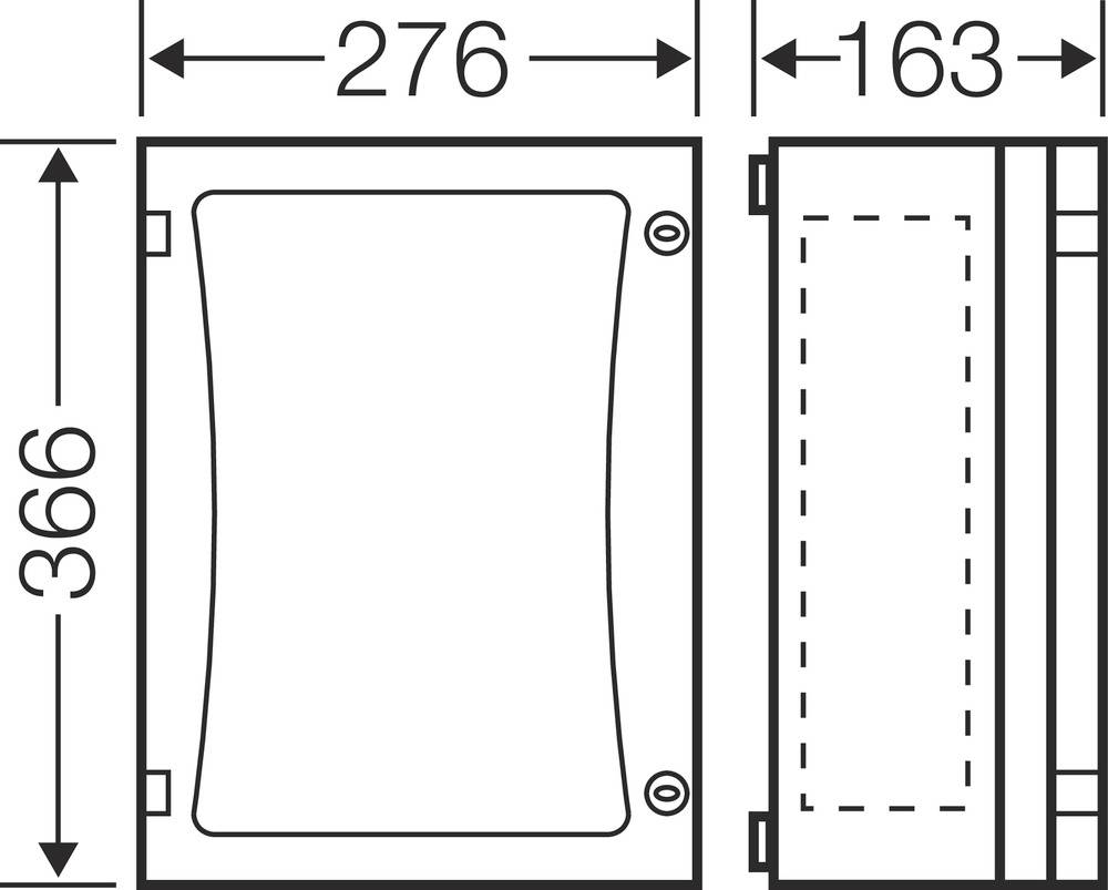 Technische Zeichnung eines rechteckigen Bauteils mit den Maßen: 276 x 366 x 163 mm, perspektivische und seitenansicht.
