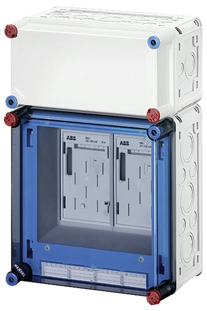 Elektrischer Schaltschrank mit zwei Fächern, blauer transparenter Tür und roten Verbindungselementen.