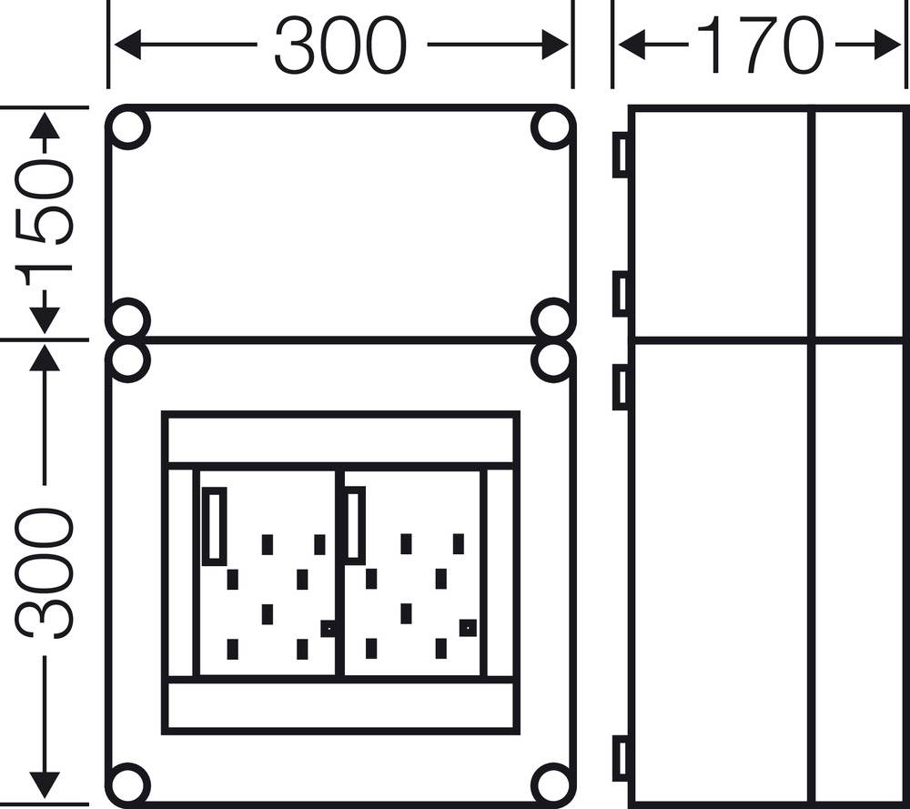 Technische Zeichnung eines rechteckigen Geräts mit den Maßen 300x170x150 mm, zeigt Vorder- und Seitenansicht mit Details.