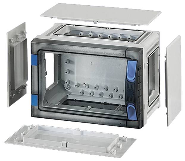Metallische Schaltkasten-Komponenten: Graues Gestell, abnehmbare Abdeckungen und Scharniere. Mechanische Zubehörteile abgebildet.
