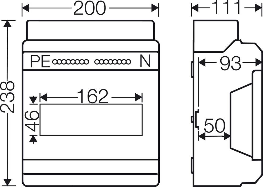 Technische Zeichnung eines Geräts mit Abmessungen: Breite 200 mm, Höhe 238 mm, Tiefe 111 mm. Seitliche Länge der Komponenten 93 mm und 50 mm.