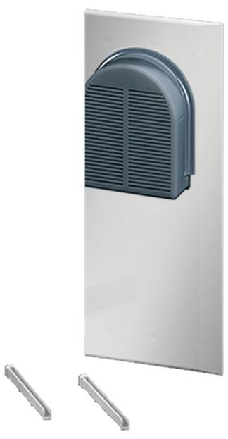 Ein rechteckiges, silbernes Lüftungsteil mit einem blauen, gewölbten Gitter. Darunter liegen zwei weiße Befestigungsclips.