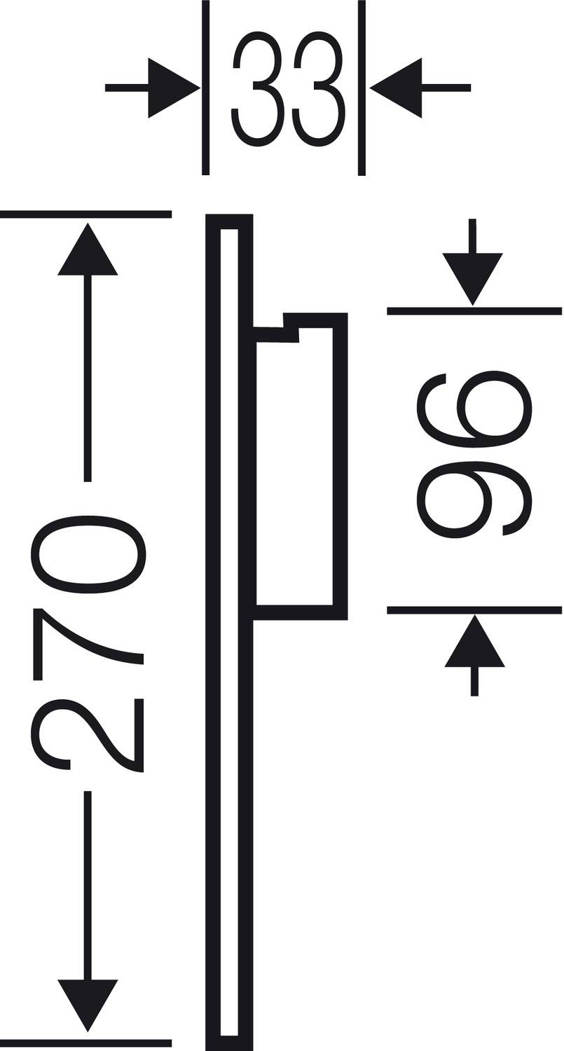 Technische Zeichnung einer Seitenansicht mit den Maßen: Höhe 270 mm, Breite 96 mm, Tiefe 33 mm.