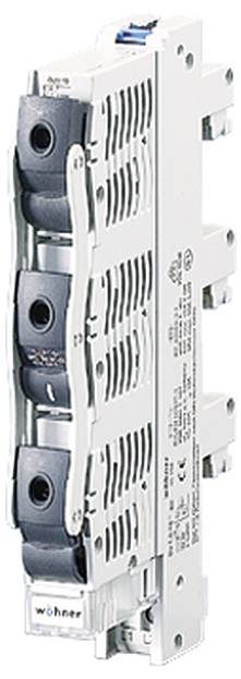 Industriesicherungshalter in vertikaler Anordnung mit schwarzem Griff. Herstellername 'Wöhner' ist auf der Seite zu sehen.