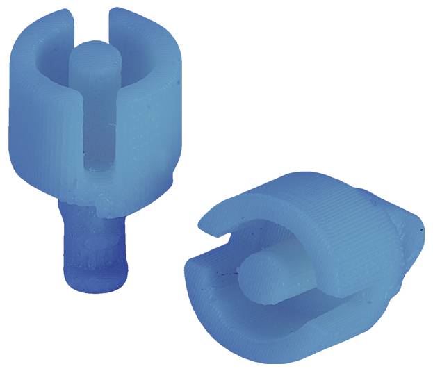 Zwei blaue Kunststoffteile, die halbkreisförmig sind, mit einem Stift in der Mitte, nebeneinander dargestellt.