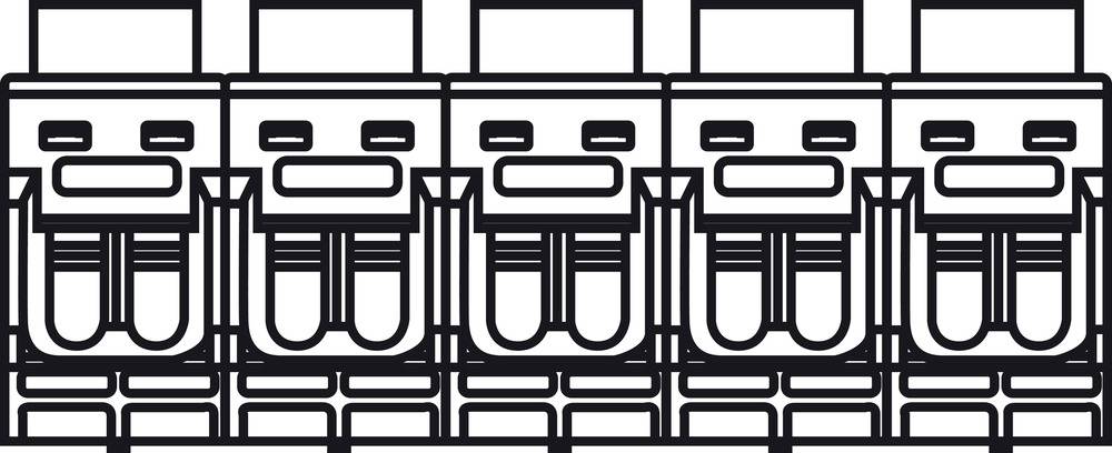 Gezeichnetes Muster mit wiederholten abstrakten Formen, die robotische Gesichter mit rechteckigen Augen und linearem Design darstellen.
