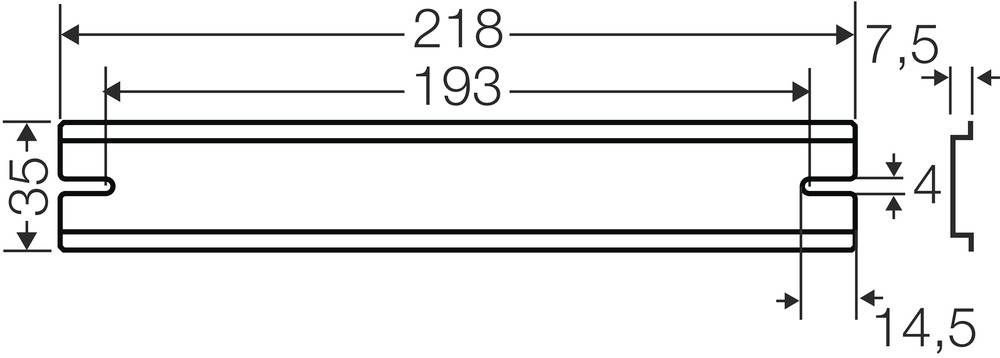 Technische Zeichnung eines rechteckigen Objekts mit den Maßen: Länge 218 mm, Breite 35 mm, Innenmaß 193 mm, Tiefe 14,5 mm.