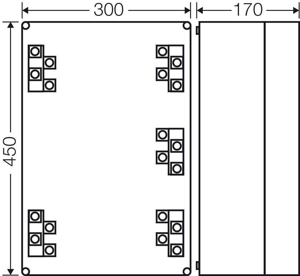 Technische Zeichnung einer rechteckigen Platte mit Maßen 300 x 450 mm, links, und einer Seitenansicht, rechts.