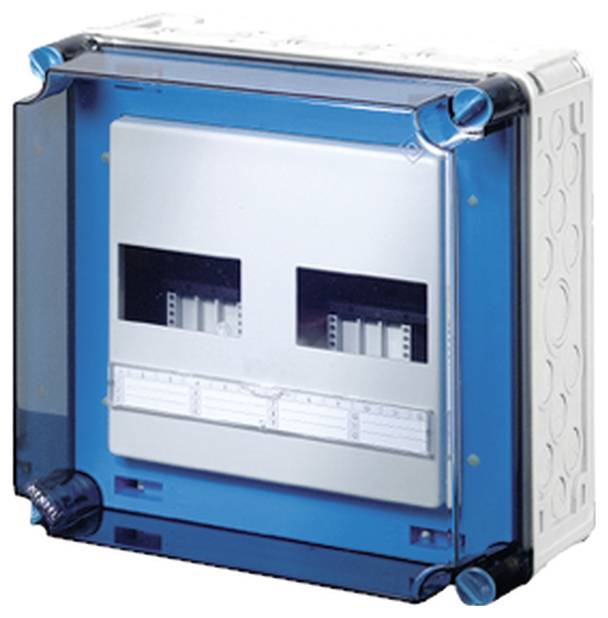 Elektrischer Verteilerkasten mit transparentem blauen Deckel, zeigt Schaltkreis auf weißem Hintergrund.