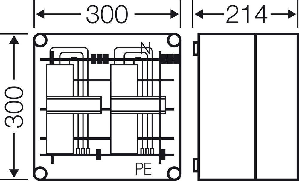 Technische Zeichnung eines elektrischen Bauteils mit Abmessungen: 300x300 mm und 214 mm Tiefe. Verbindungen und PE markiert.