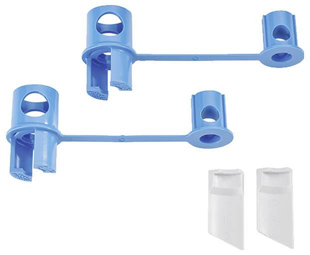 Zwei blaue, miteinander verbundene Kunststoffhalterungen mit runden Öffnungen und zwei weiße, separate Kunststoffaufsätze.