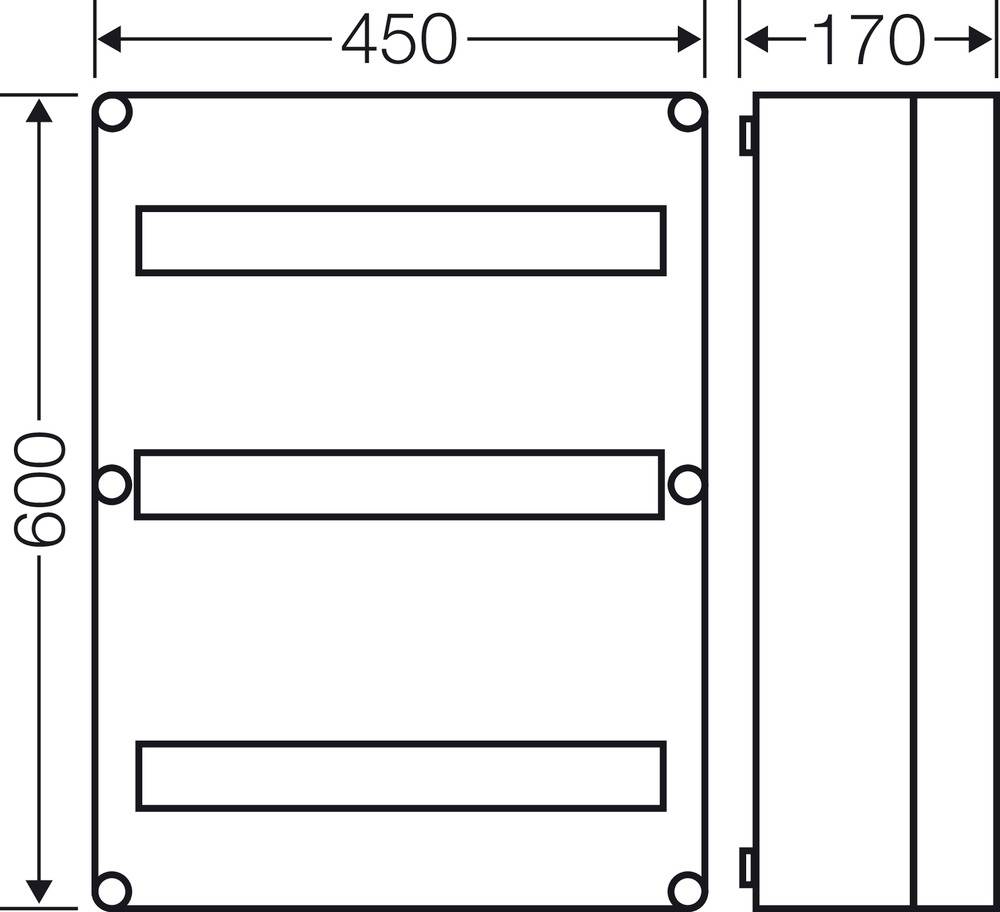 Technische Zeichnung eines rechteckigen Gehäuses mit den Maßen 600 mm x 450 mm x 170 mm, einschließlich dreier Befestigungslöcher.