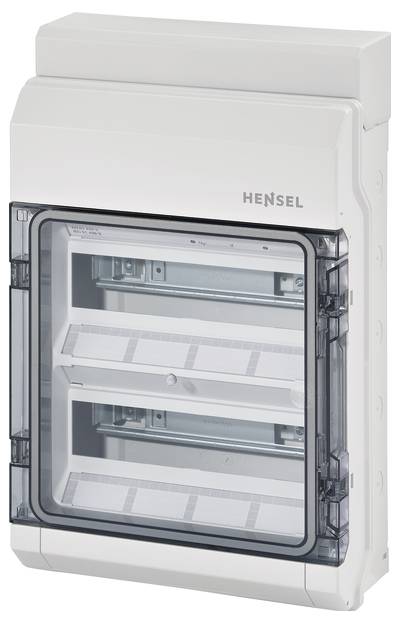 Ein weißer Elektroverteilerkasten mit transparentem Deckel zeigt zwei Reihen für Sicherungen oder andere elektrische Komponenten.