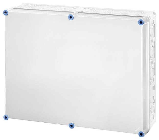 Elektronikgehäuse in rechteckiger Form, weiß, mit blauen Schraubkappen an den Ecken, geeignet für Elektroinstallationen.