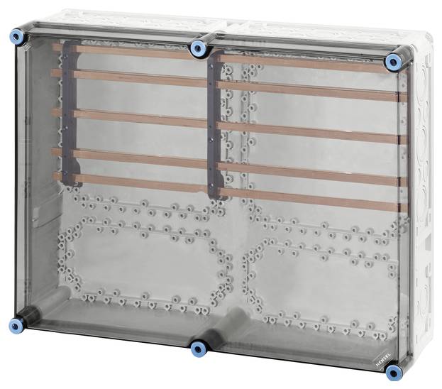 Transparente Gehäusebox mit metallischen Innenverstrebungen und blauen Eckbeschlägen. Dient zur Aufnahme elektrischer Komponenten.