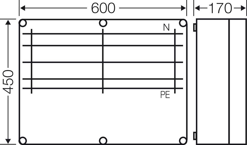 Technische Zeichnung eines rechteckigen Kastens. Maße: 600 x 450 mm. Seitenansicht zeigt 170 mm Tiefe. Beschriftet mit 'N' und 'PE'.