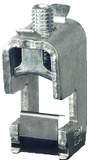 Eine silberne Metallklemme mit Schraube zur Befestigung von Leitern oder Kabeln an einem Träger oder einer Schiene.