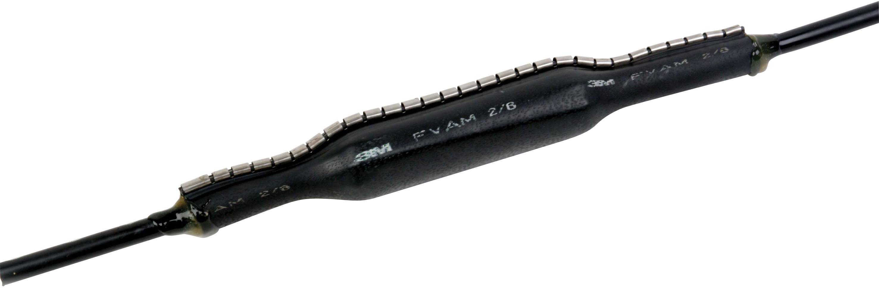 Ein schwarzer zylindrischer Bauteil mit gekrümmten Enden und aufgedruckter Beschriftung. Es verbindet zwei Kabel und könnte ein Thermistor sein.