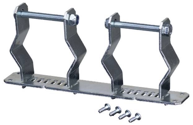 Metallhalterung mit zwei verstellbaren Klemmen auf einer flachen Schiene, vier Schrauben davor.