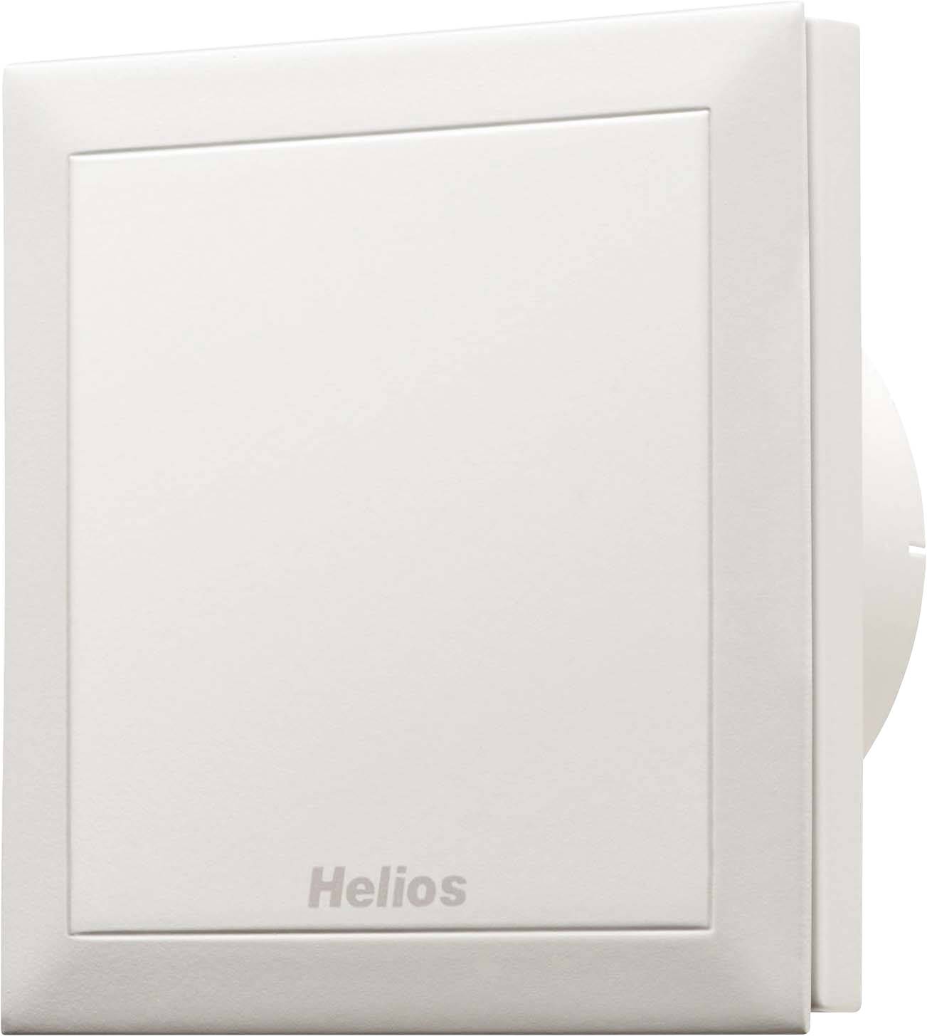 Ein quadratischer, weißer Lüfter oder Belüftungsgerät der Marke 'Helios', montiert an einer Wand, sichtbar von der Seite.