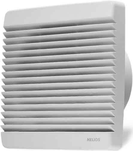 Quadratischer weißer Lüftungsventilator mit horizontalen Lamellen, sichtbar aus einem Winkel.